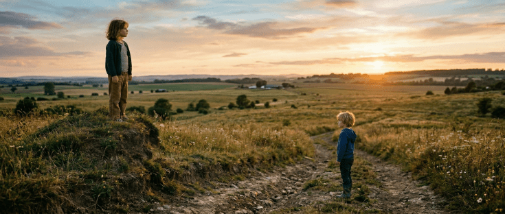 Two young children standing side by side at the edge of a large open field at sunset, one on higher ground than the other, both gazing toward the horizon.