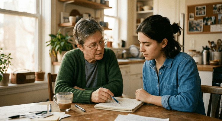 An older adult and a young person sitting across from each other at a simple table, engaged in what appears to be a mentorship conversation over a notepad.