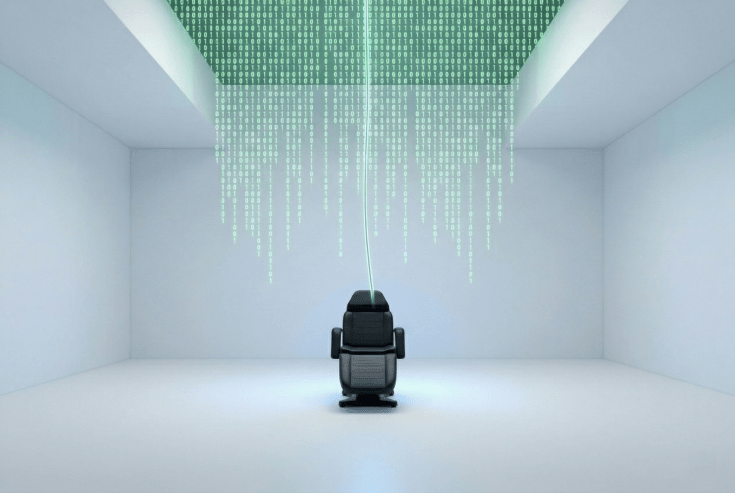 A lone black chair sits in a stark white room with a single glowing cable descending from a ceiling filled with cascading green binary code, a visual metaphor for AI-powered on-demand learning inspired by The Matrix.