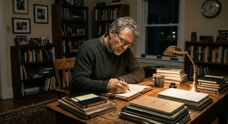 A middle-aged man writing alone at a lamp-lit wooden desk late at night, surrounded by notebooks, expression focused and determined.