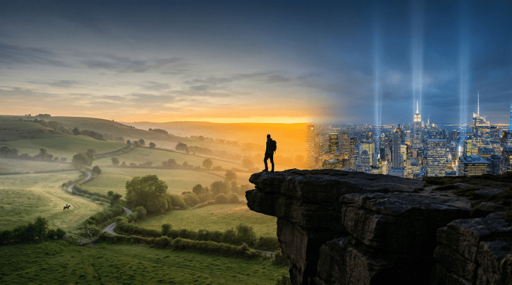 A lone silhouetted figure stands on a cliff overlooking two worlds simultaneously — a green pastoral landscape with a horse and rider to the left, and a gleaming illuminated city skyline with light beams shooting skyward to the right, representing the civilizational shift into the AI age.