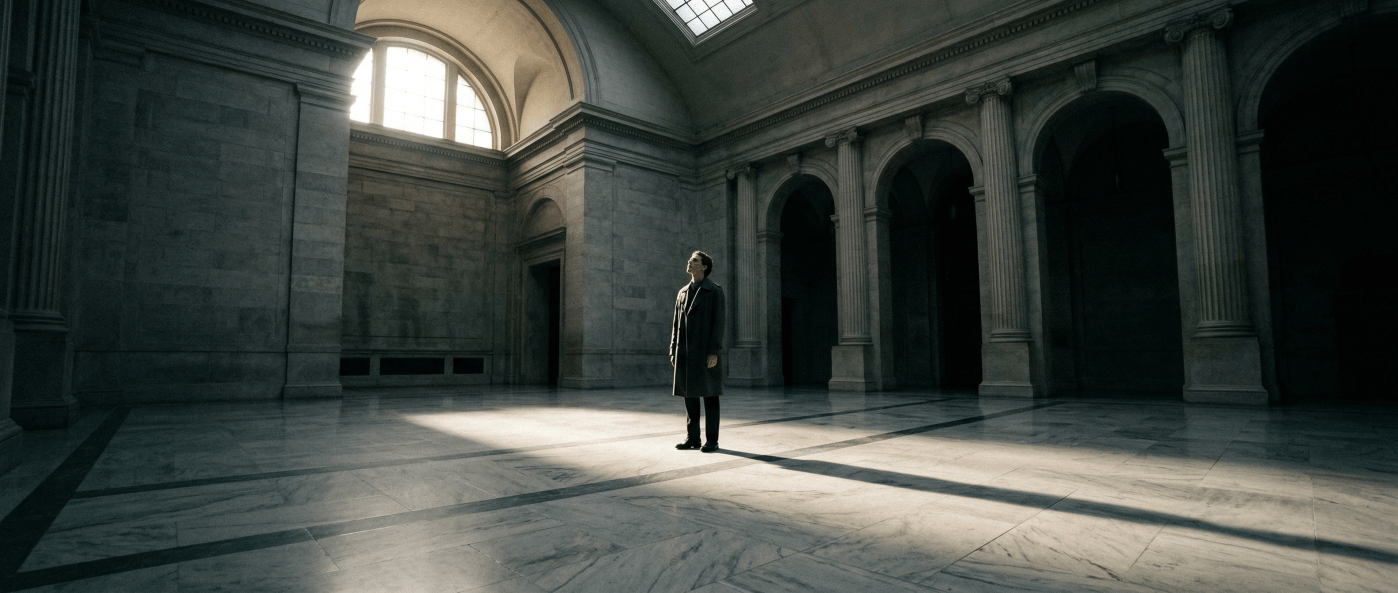 A solitary figure standing in a vast architectural space at dusk, light casting long shadows across the floor, looking forward with quiet determination.
