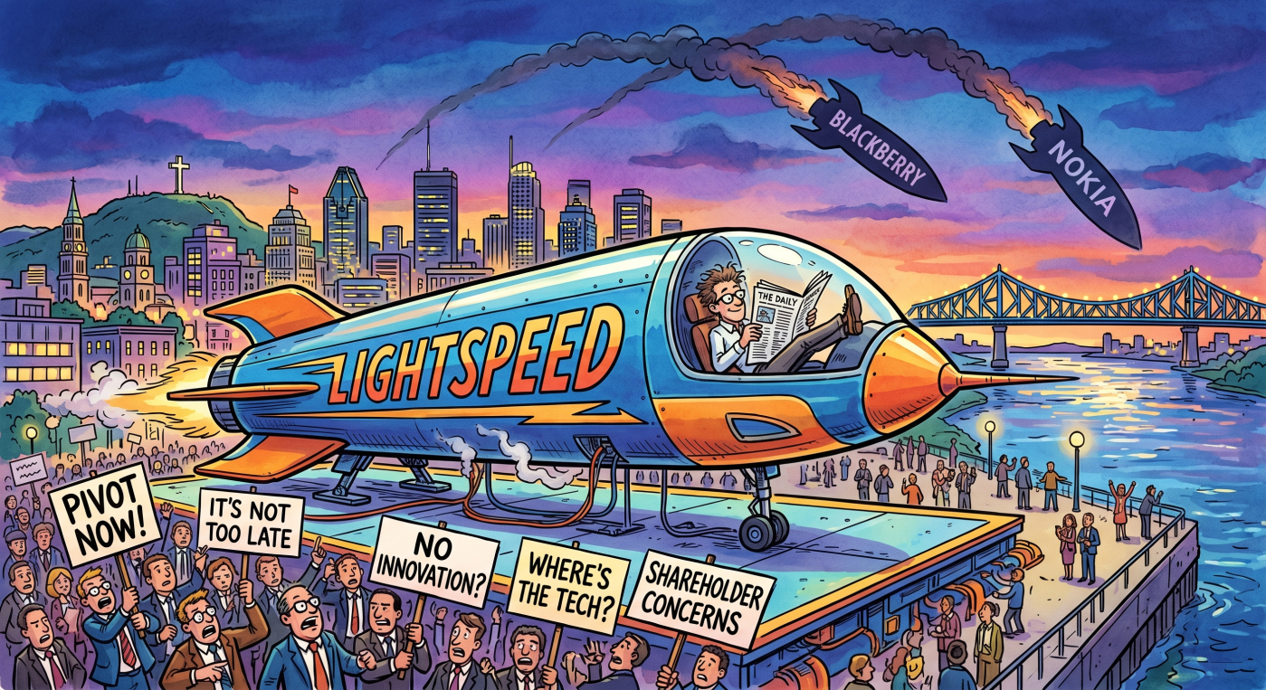 Editorial cartoon of a suited pilot sitting relaxed inside a rocket labeled Lightspeed on a Montreal launchpad at dusk, while shareholders hold protest signs below and ghost rockets labeled BlackBerry and Nokia fall from the sky in smoke trails above.