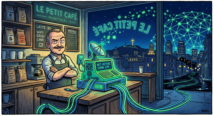 Editorial cartoon of a Montreal coffee shop interior at night with a glowing high-tech POS terminal on the counter featuring a satellite dish and cooling vents, while small luminous data orbs float upward from the terminal and connect to a city-wide network grid of similar terminals visible through the shop window against the Montreal skyline.