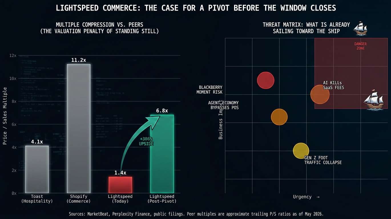 Saas Peer Valuation Multiples Structural Business Threat Matrix Two-panel dark-background chart. Left panel is a bar chart showing price-to-sales multiples for Toast at 4.1x, Shopify at 11.2x, Lightspeed today at 1.4x, and Lightspeed post-pivot at a projected 6.8x, with an arrow indicating 386 percent upside potential. Right panel is a threat matrix scatter plot plotting four structural risks, AI killing SaaS fees, agent economy bypassing POS, Gen Z foot traffic collapse, and BlackBerry moment risk, by urgency and business impact, with a danger zone shading in the upper right quadrant.
