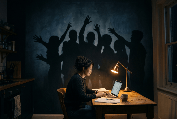 A person works alone at a lamplit table while their shadow on the wall multiplies into a crowd.