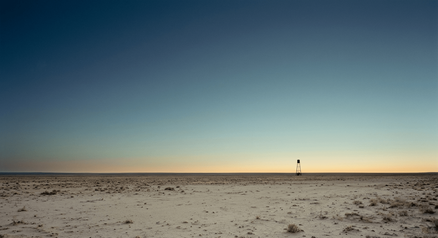 A vast, empty high desert at dawn under a blue to gold sky, with a single distant steel tower on the horizon.