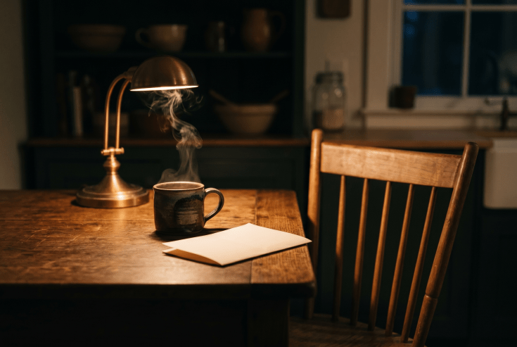 An empty chair at a kitchen table with a steaming coffee mug and a folded letter in warm lamplight.