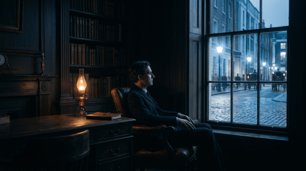 A lone figure sits by a single gas lamp in a dim study, watching a city glow with new electric light beyond the window.
