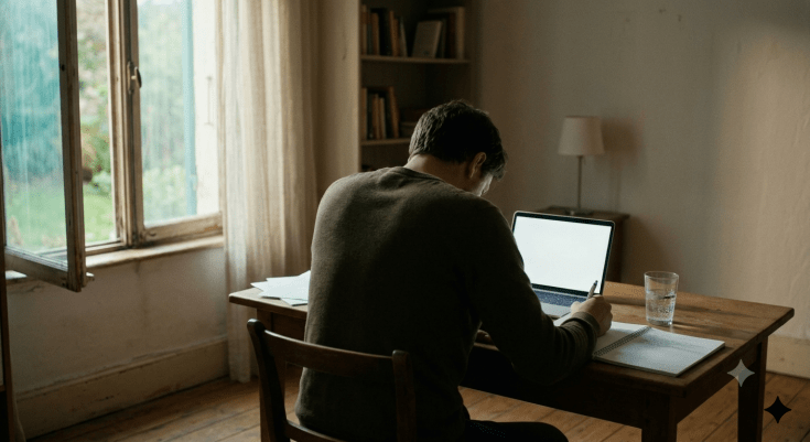 An anonymous person seen from behind at a plain desk, writing in a notebook beside a softly glowing screen in warm daylight.