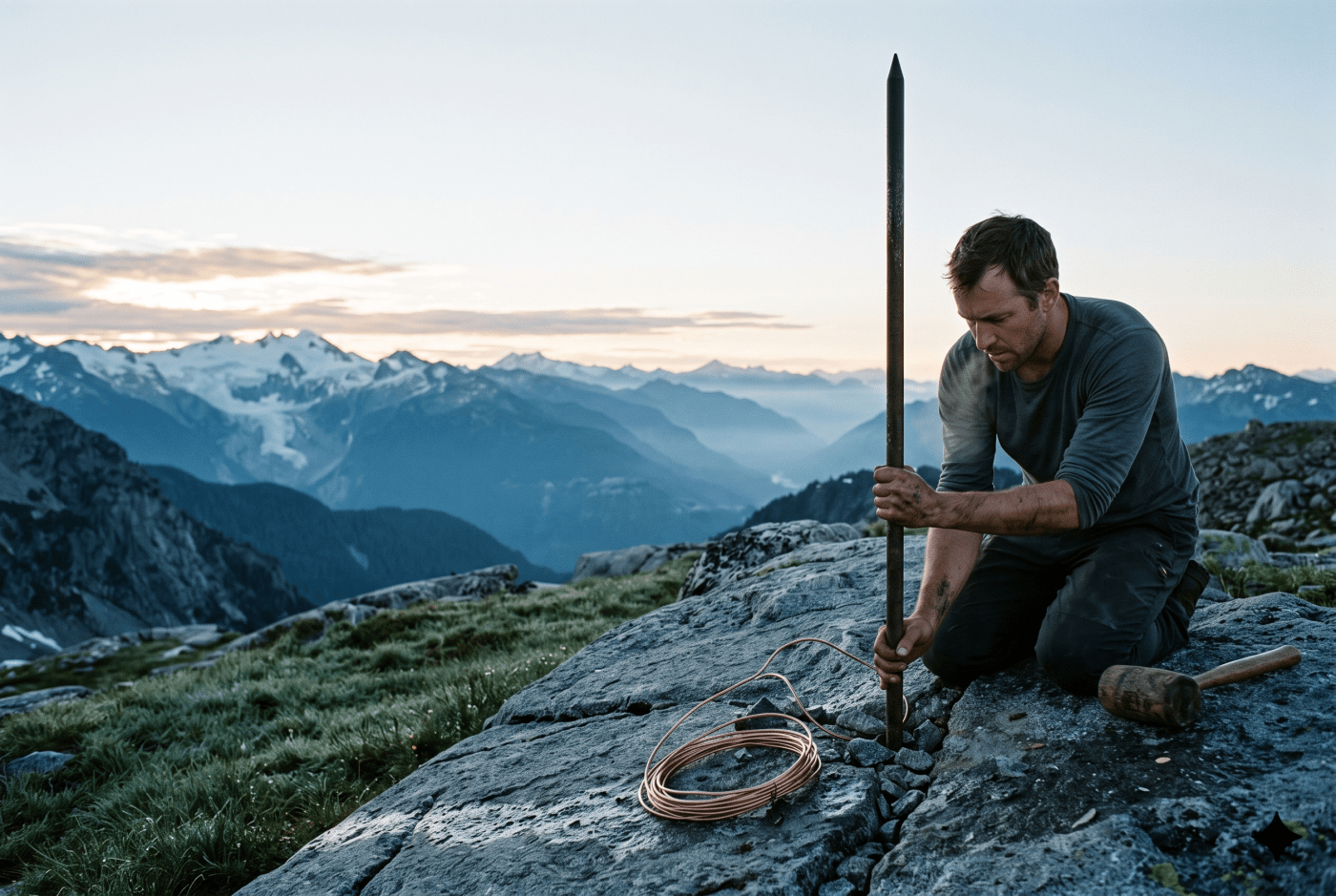 A man kneels on a mountaintop at dawn, bracing a newly installed iron lightning rod while a coil of copper wire lies unconnected at its base.